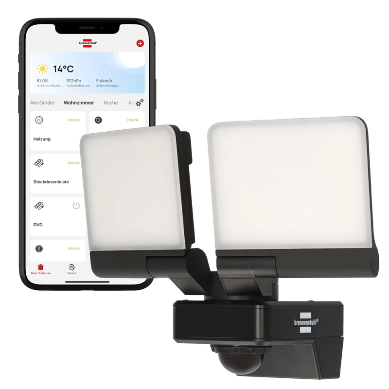 Brennenstuhl Connect WiFi LED Duo Floodlight with Motion Sensor WFD 3051 P/LED Security Light 36W for uutdoor use IP54 controllable via Free app (4300lm, up to 12m Range, wth Detection Angle 120°)