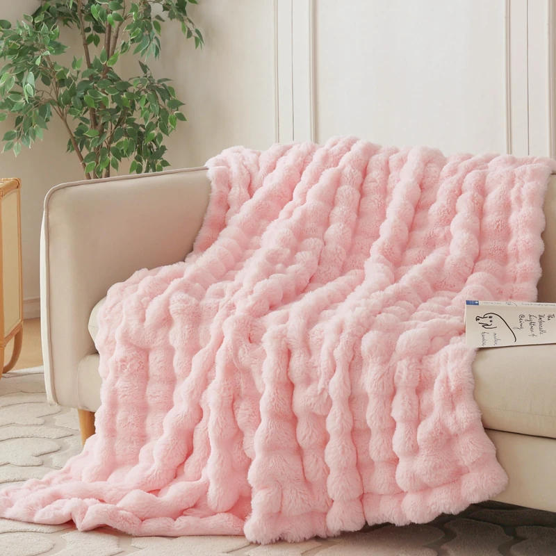 COOVA Faux Fur Throw Blanket for Couch, Cozy Soft and Fuzzy Plush Rabbit Fur Bubble Blanket for Sofa Bedroom Living Room, 50x60 Inches Light Pink