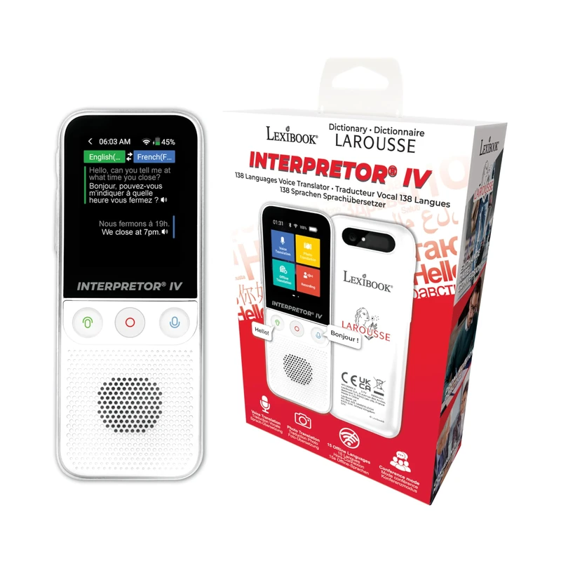 LEXIBOOK, Larousse, Interpretor IV®, Voice translator 138 languages, Voice and photo translation, 15 languages offline, Pronunciation practice, Conference mode, Exchange rate conversion, NTL3000LA