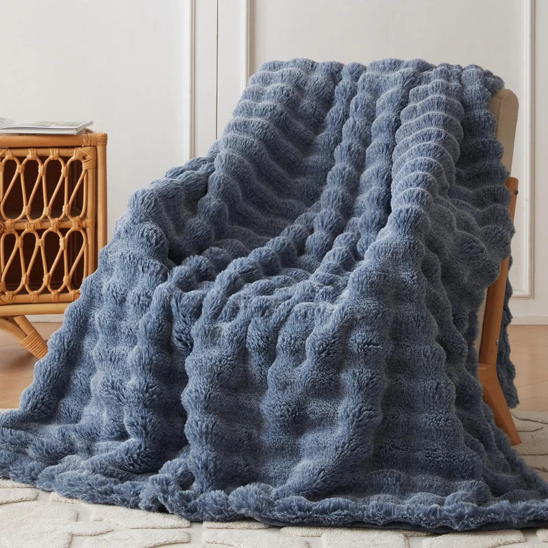 COOVA Faux Rabbit Fur & Flannel Throw Blanket 60x80 Inch - Luxury Fuzzy & Cozy Soft Twin Size Blanket for All Seasons, Breathable and Comfortable for Bed, Couch, and Camping,Cationic Dark Blue