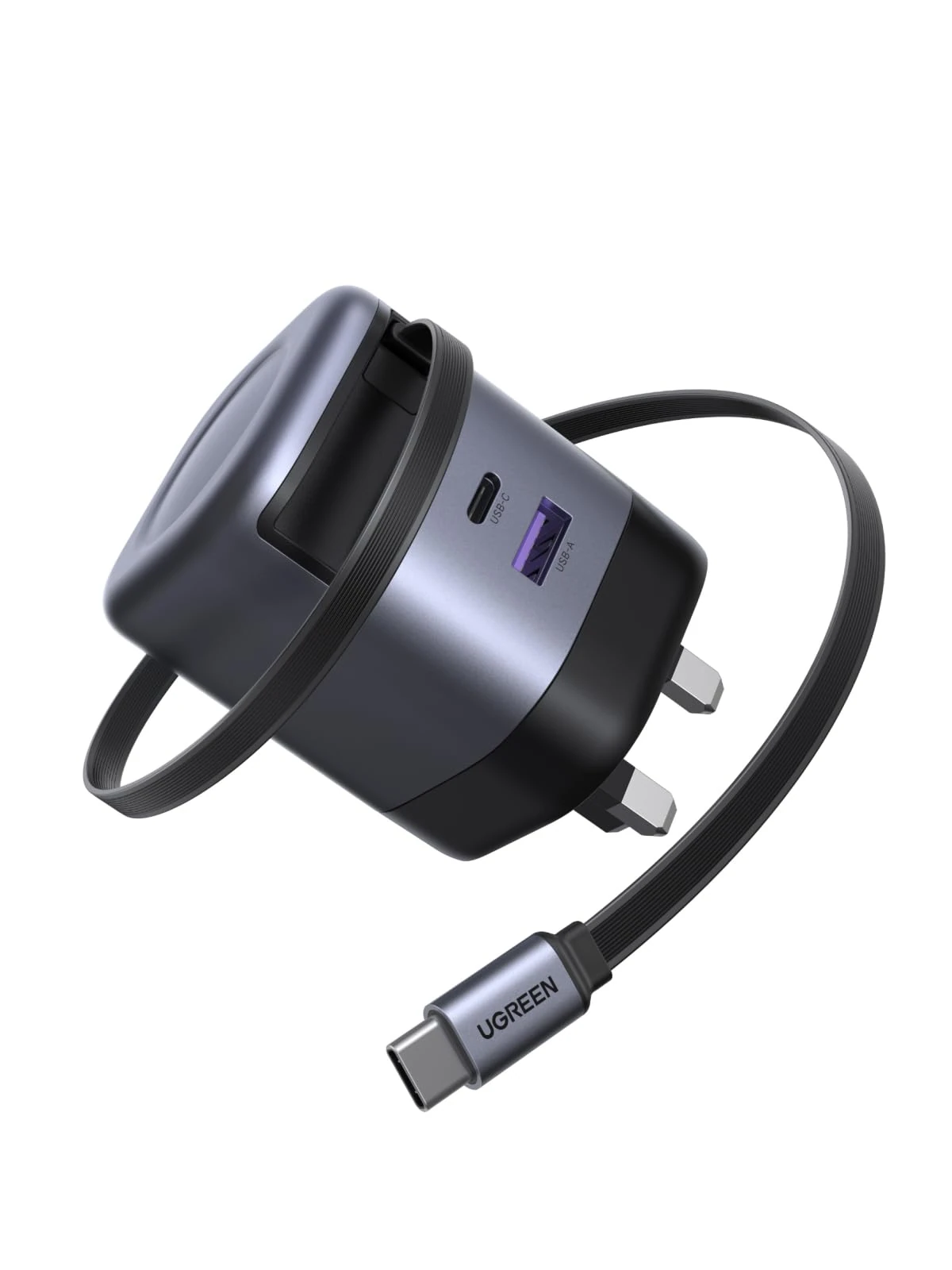 UGREEN USB C Charger 65W Nexode GaN 3-Port Fast Charging Plug with Retractable Cable (0.69m), Compatible with MacBook Pro/Air, iPhone 17 Pro/Air/17/16/15, iPad, Galaxy S25/S24, Steam Deck, etc