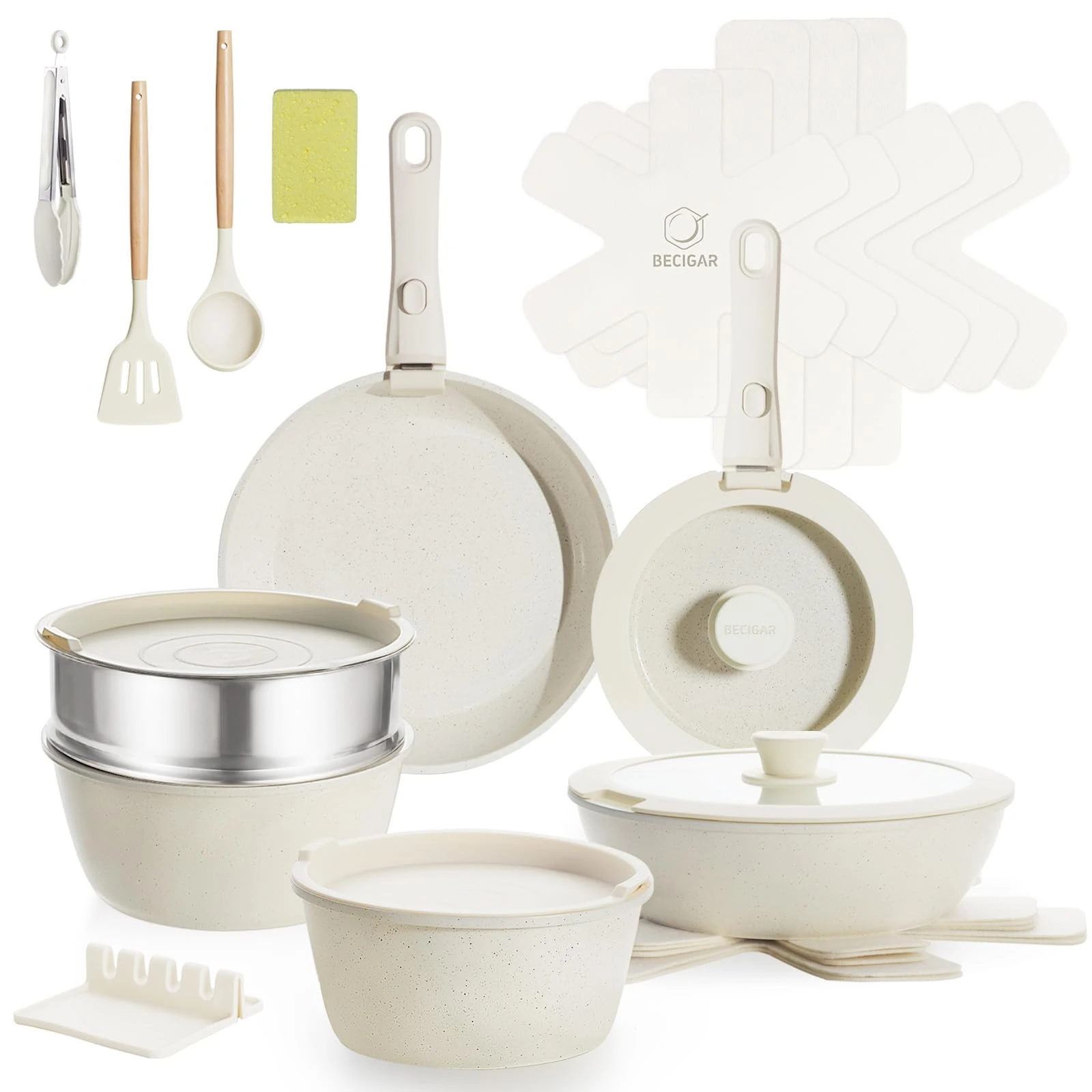 BECIGAR 21PCS Ceramic Cookware Set,Nonstick Ceramic,Removable Handle Pots and Pans set, Stackable, Pots and Pans Set Non Stick Set for Cooking