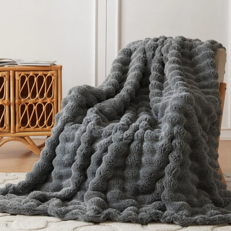 COOVA Faux Rabbit Fur & Flannel Throw Blanket 60x80 Inch - Luxury Fuzzy & Cozy Soft Twin Size Blanket for All Seasons, Breathable and Comfortable for Bed, Couch, and Camping,Cationic Light Grey