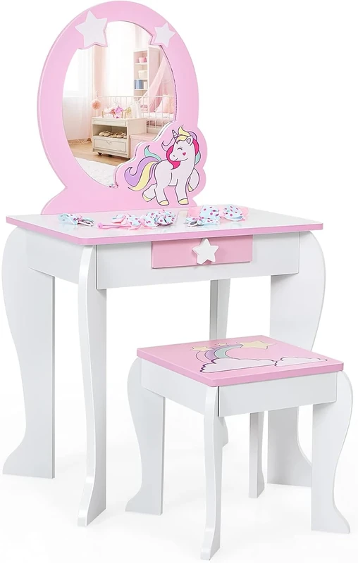 FANTASK Children's Dressing Table with Drawer and Removable Mirror, Pink Princess Dressing Table for Girls 3-7 Years