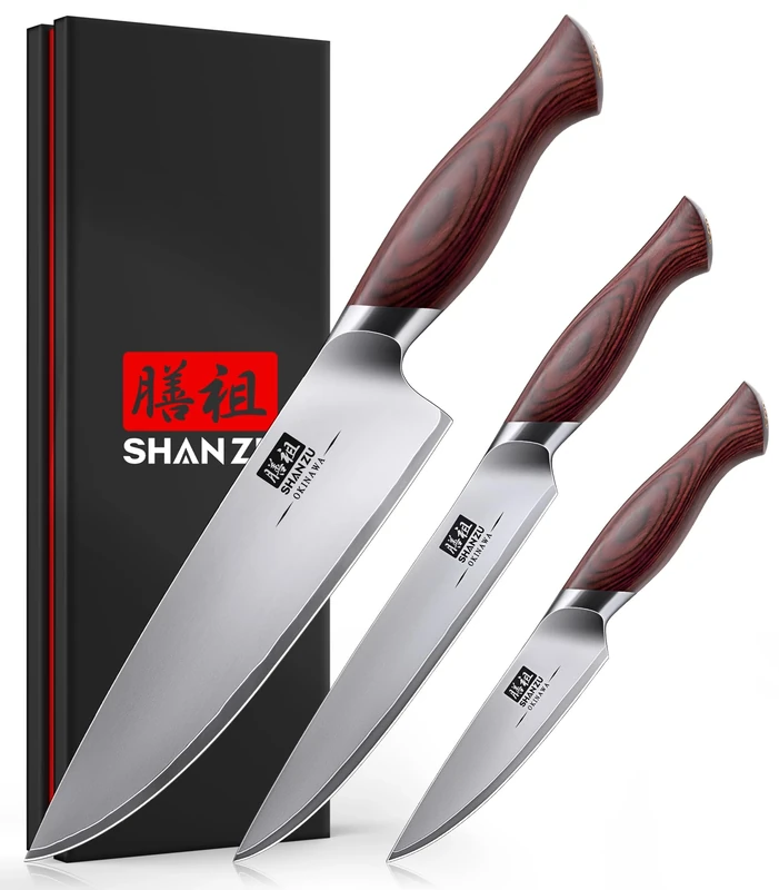 SHAN ZU Kitchen Knife Set 3 PCS, Japanese Chef Knife Set with High Carbon 10Cr15Mov Stainless Steel, Ultra-Sharp Kitchen Knives Set Utility Paring Knife with Ergonomic Pakkawood Handle