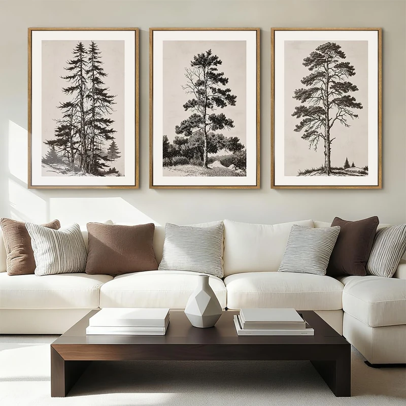 ANHUIB Vintage Tree Sketch Framed Canvas Wall Art 16x24 Inch Neutral Wilderness Forest Paintings Retro Botanical Wall Decor Set of 3 Black and White Landscape Prints for Living Room Bedroom Office