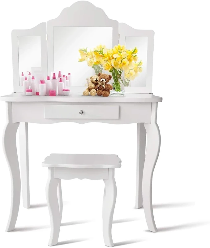 FANTASK 2-in-1 Children's Make-Up Table, Wooden Dressing Table with 3-Way Removable Mirror and Drawer, Princess Table with Stool in White, Cosmetic Table for Girls, 70 x 34 x 103 cm