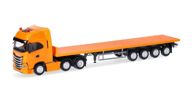 herpa Truck Model Iveco S-Way 6x2 Flatbed Semi-Trailer 1:87 Scale Miniature Collectible Made in Germany Plastic Colour: Ommunal Orange