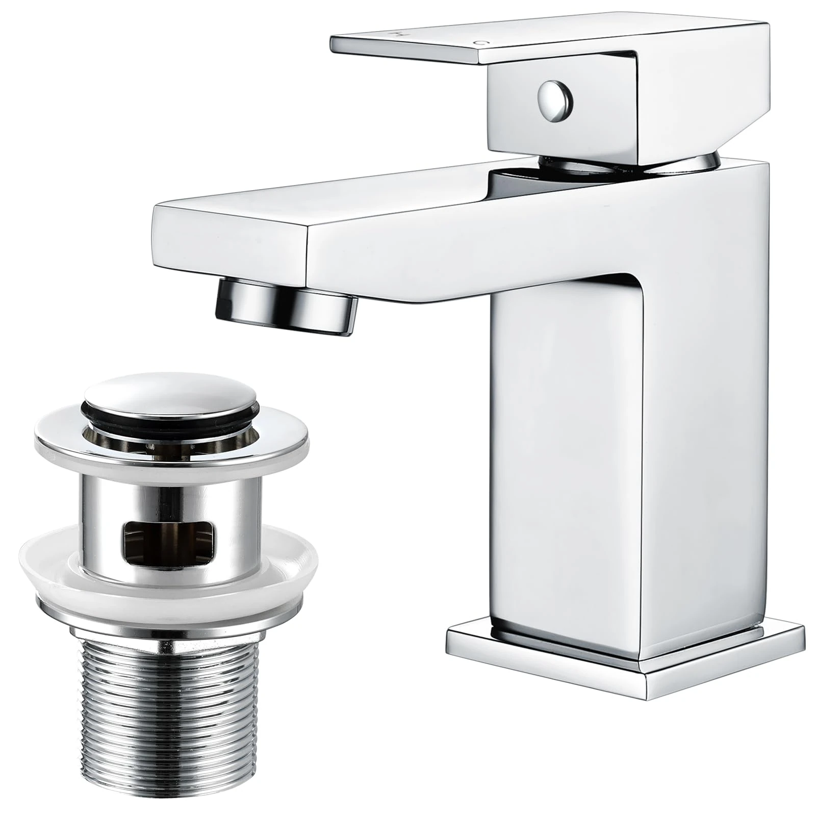 Bathroom Sink Taps Basin Mixer Tap with Pop Up Waste, Square Basin Taps Modern Mono Single Lever Bathroom Mixer Taps with Drain for Bathroom, Washroom, Cloakroom, Chrome