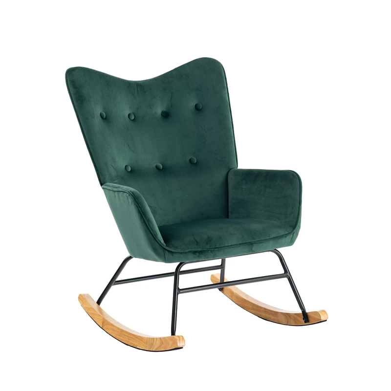 39F Furniture Dream Scandinavian Velvet Rocking Chairs, Upholstered in Green with Wooden Rocker Base and Black Metal Frame, Modern Accent Chair for Living Room Nursery Bedroom, Green, 85x61x81cm