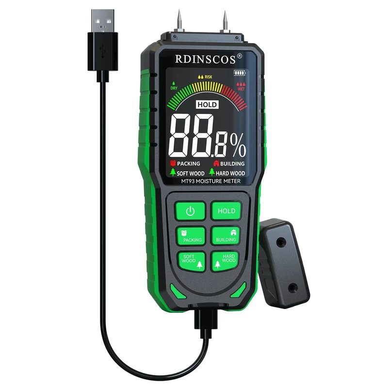 Wood Moisture Meter, Pin-Type Damp Meter for Logs Rechargeable Moisture Detector with Big LCD Screen, Damp Tester for Hardwood, Softwood, Packing, and Building Materials