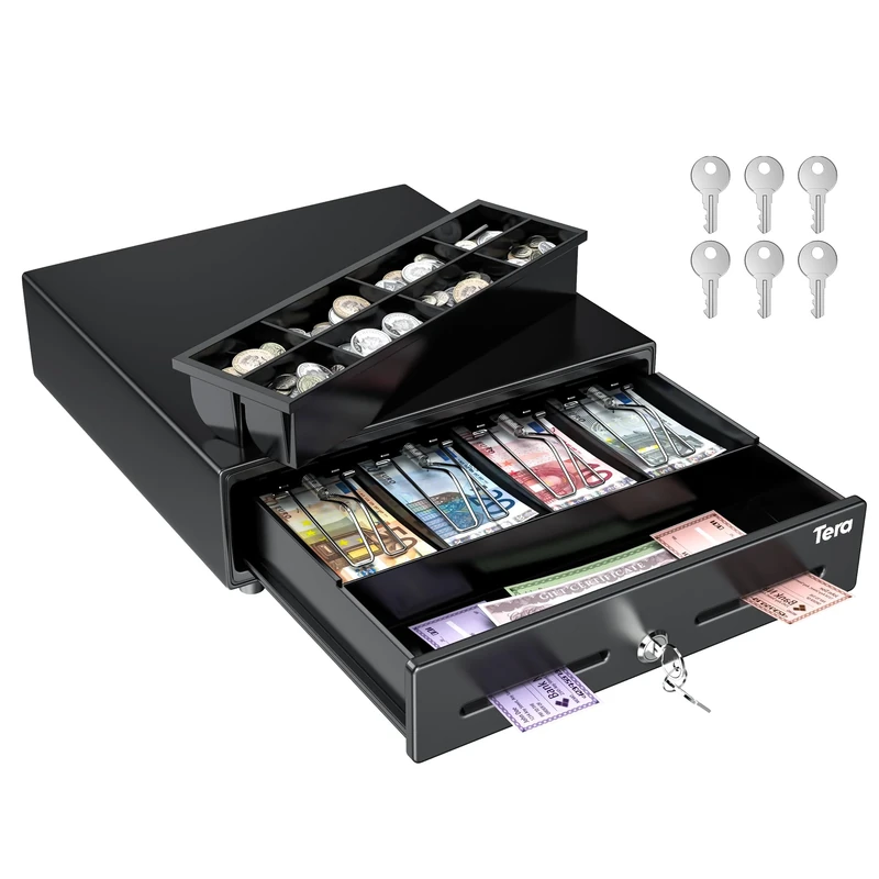 Tera Cash Drawer Electric with 4 Note Compartments: 8 Coin Compartments, 6 Keys for POS Systems, Automatic Opening, Key Lock, Media Slot for Small Business Model 330G