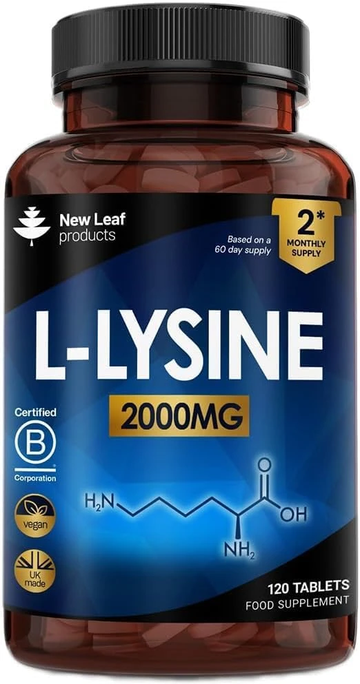L-Lysine Tablets 2000mg - High Strength Lysine Nutritional Supplements - Essential Amino Acid L Lysine - 120 Vegan Lysine Tablets 2 Month Supply Made in The UK by New Leaf