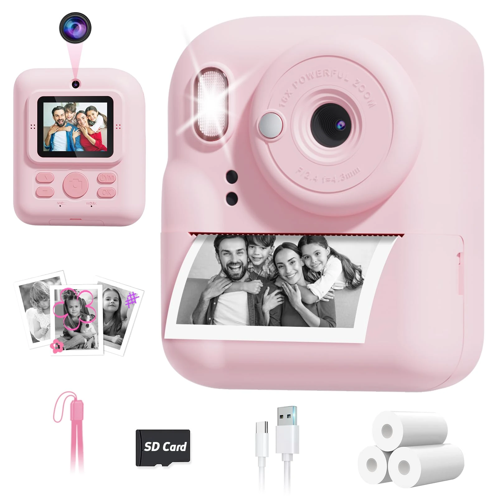 Nevanah Kids Camera Instant Print for Girls Boys, Dual-Lens 1080P Digital Camera Christmas Birthday Gifts Toys for Girls Age 3-12 Pink