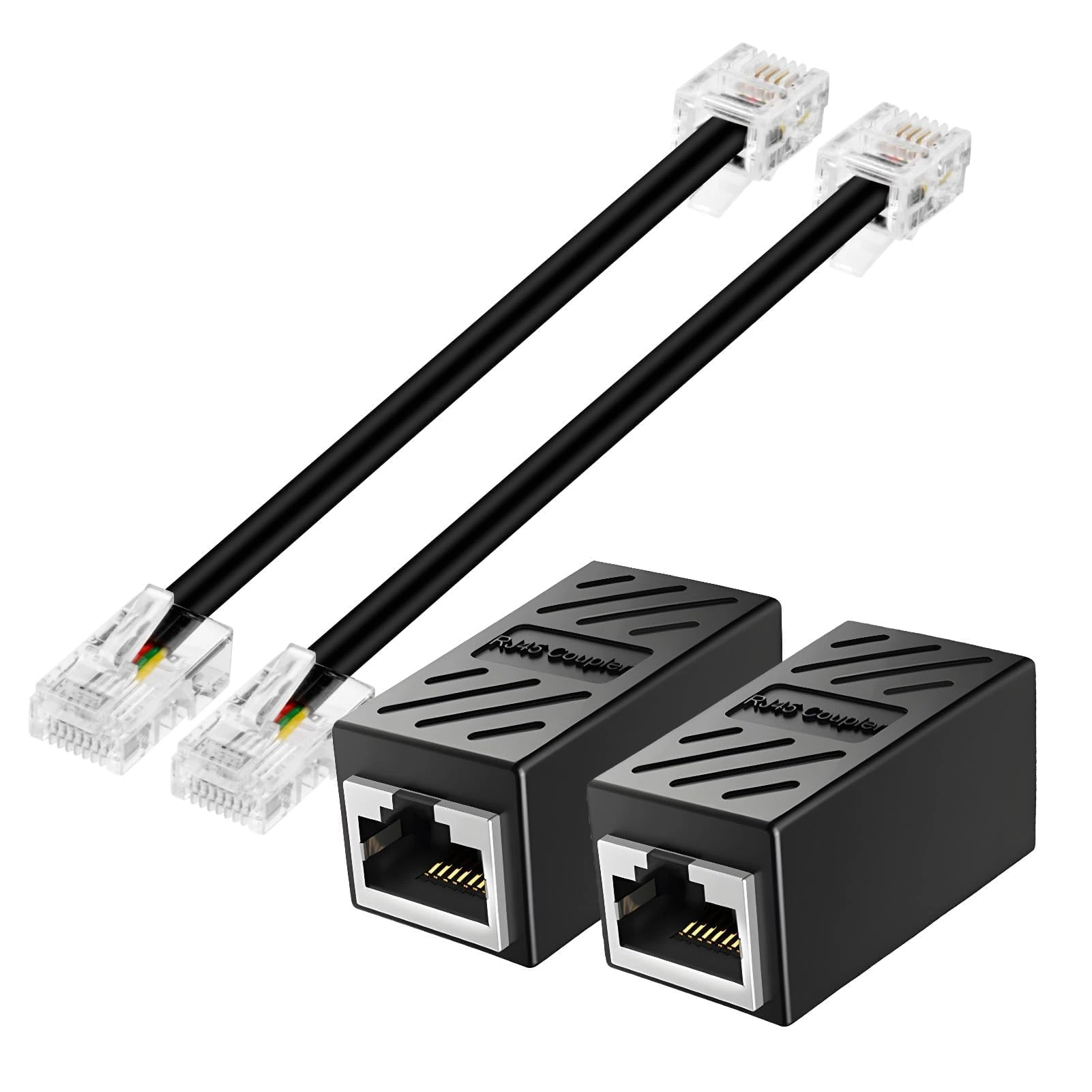 QTMMC 2 Pack RJ45 Adapters RJ11 to RJ45 Telephone Cables Expansion Splitter Converter 8P8C to 6P4C Ethernet Patch Network Lead Phone Line ADSL Modem 0.15m Black