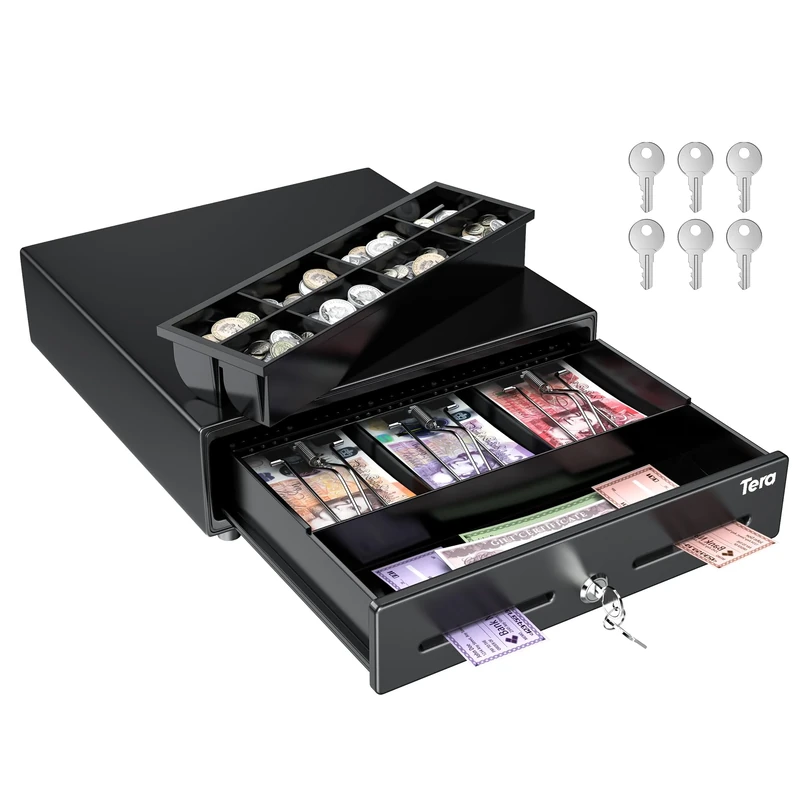Tera 13" Cash Register Drawer Auto Open with 3 Bill 8 Coin Cash Tray 6 Keys Removable Coin Compartment Key-Lock 24V RJ12 Interface Media Slot for System Shop Business 330G (33.5x30x9cm)