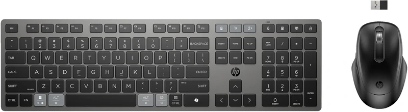 HP 725 - Keyboard and Mouse Set - Multifunctional, Rechargeable, Powered with Super Capacitor - Full Size - Wireless - Bluetooth, 2.4 GHz - German - Nightcase Black - Smart Buy