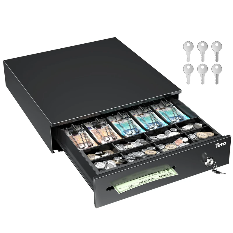 Tera 16" Cash Register Drawer Auto Open 42 x 40.5 x 10.4 cm with 5 Bill 8 Coin Cash Tray 6 Keys Removable Coin Compartment Key-Lock 24V RJ12 Interface Media Slot for POS System Shop Business 4042G