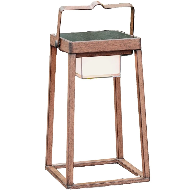 Verona Aluminium Solar Lantern with Wood Effect Coating Warm White LED Height 30 cm - Image 1