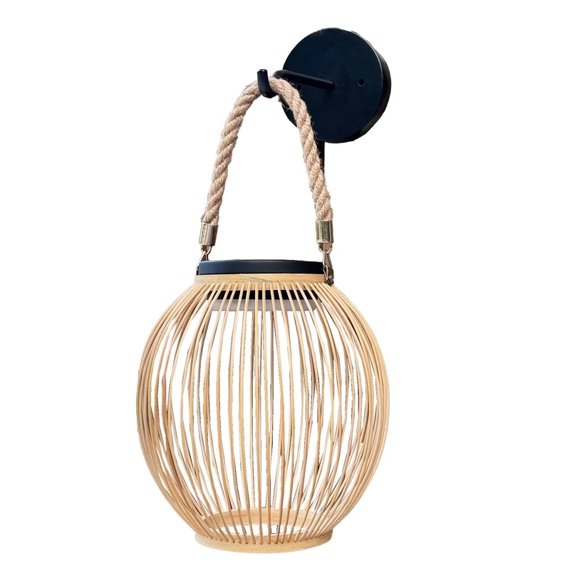 Sunny Small Round Wireless Solar LED Wall Light in Bamboo Bohemian Style ISALINE H40cm - Image 1