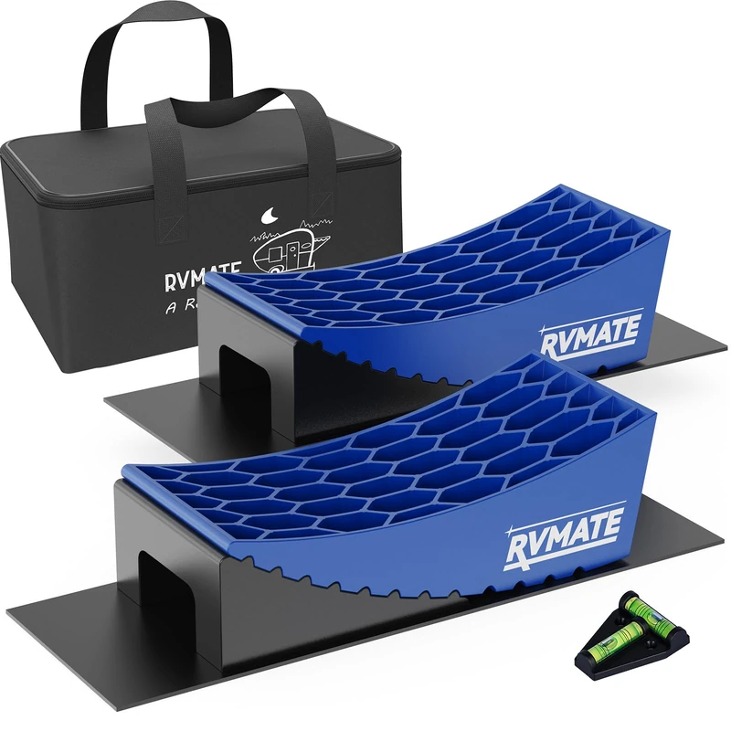RVMATE Camper Levelers 8-Piece Kit RV Leveling Blocks Camper Wheel Chocks Including Two Curved Levelers, Two Chocks, One Level and Two Rubber Grip Mats in Storage Carrying Bag