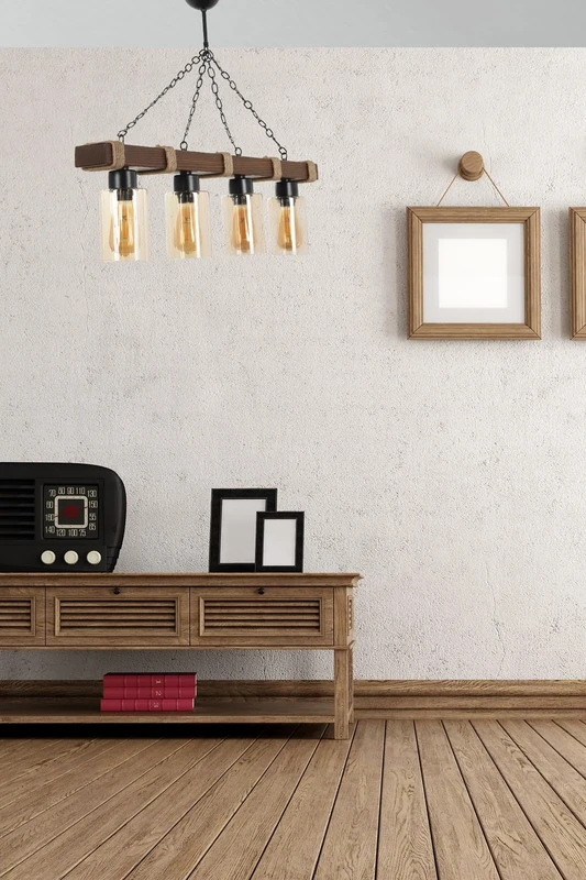 Opviq Industrial Rustic Chandelier, Wooden Body with Glass Cap, 85 cm Length, 70 cm Height, Adjustable, Yellow Finish, E27 Socket, Max 40 W, 220-240 V - Image 1