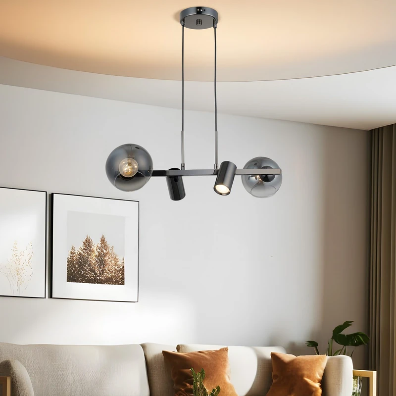 Antique Lacquer Chandelier, Metal Body, Adjustable Height 30-110 cm, Diameter 14 Glass Cap, 2 x E27 & 2 x GU10 Sockets, Elegant Lighting for Home Decor