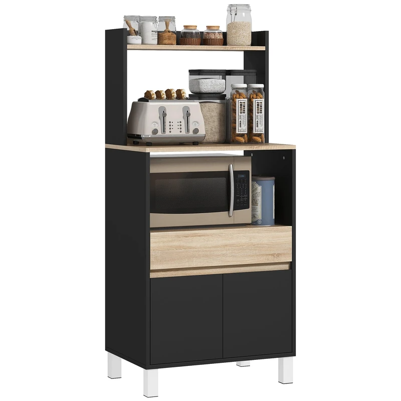 HOMCOM Microwave Cabinet Kitchen Sideboard 60 x 40 x 131 cm Black Oak