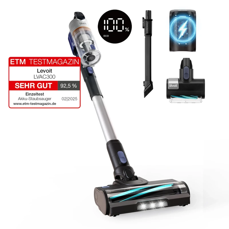LEVOIT Akku Staubsauger mit Tierhaare Mini-Motorbürste, 99,99 Prozent HEPA-Effizienz, ETM-Testgeprüft, Anti Hair Wrap, 60 Min Laufzeit, LED-Düse, Kabelloser Akkusauger für Auto, Teppich, Hartböden