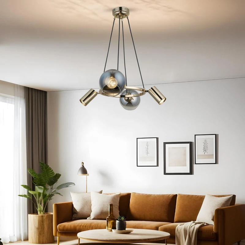 Antique Lacquer Chandelier, Metal Body, Adjustable Height 30-110 cm, Diameter 14 Glass Cap, 2 x E27 & 2 x GU10 Sockets, Elegant Lighting for Home Decor