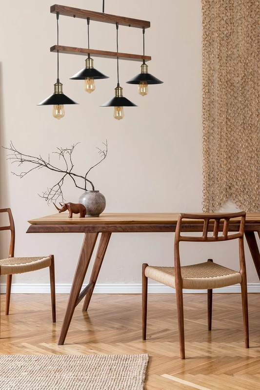 Industrial Rustic Chandelier, Wooden Body & Metal Cap, 15 cm Diameter, 80 cm Height, Adjustable, E27 Socket, Brown & Black, Perfect for Country Homes - Image 1