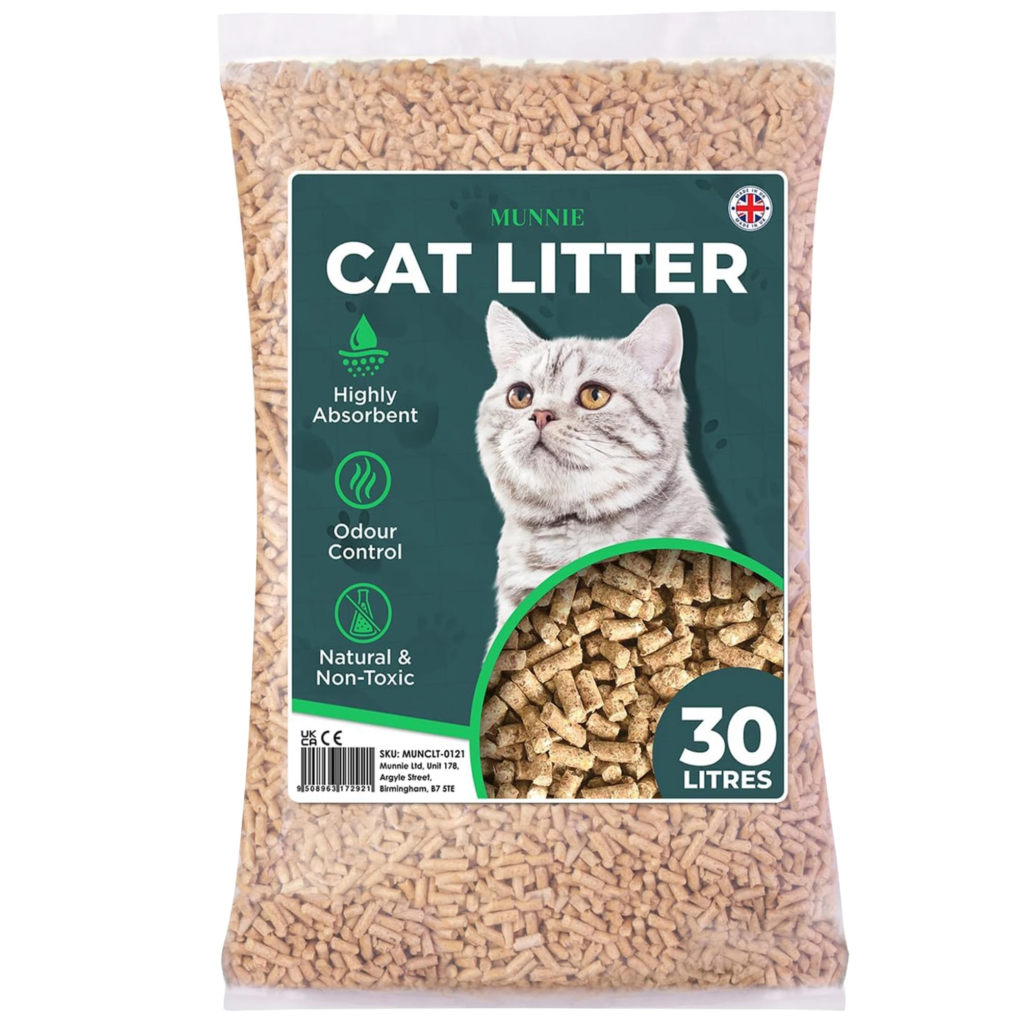 Munnie Cat Litter 30L – Biodegradable, Dust-Free, Unscented, Ultra-Absorbent Wood Pellets for Cats & Kittens, Natural Cat-Litter for Housetraining, Non-Clumping, Litter Granules, Pet-Safe