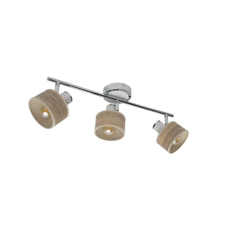 Nando 3xe14 Strip in White Chrome and Light Wood. Perfect for Bright environments, with Adjustable spotlights That Adjust The Light to Your Preference. Dimensions: 16 x 51 x 10 cm.