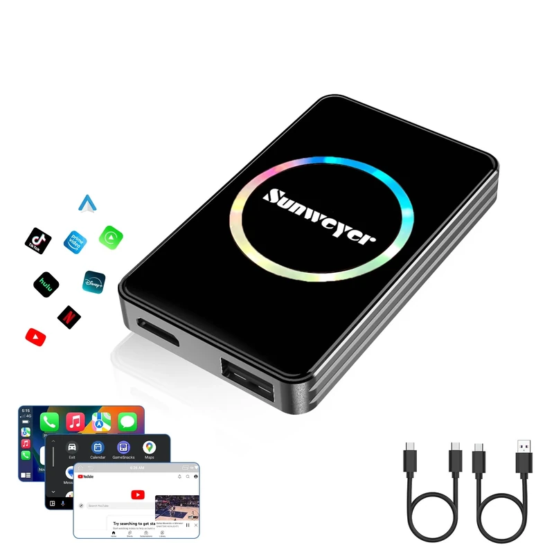 Sunweyer Wireless CarPlay Adapter Car Streaming Device Ai Box Support Netflix, YouTube, Hulu, Disney+, Android Auto Wireless Adapter with LED Ambient Light, Easy to Setup 3 in 1, Dual WiFi Bluetooth