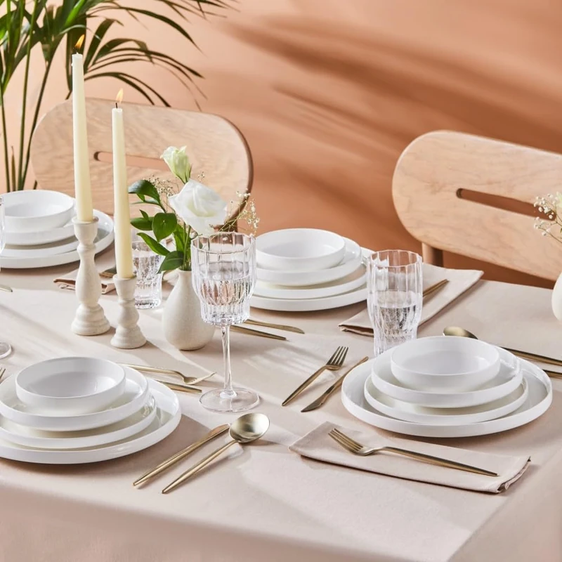 Karaca Saturn White Dinnerware Sets, Modern Kitchen Dinner Set for 6 People, 24-Piece Plates and Bowls Sets, Bone China Material, Durable & Elegant