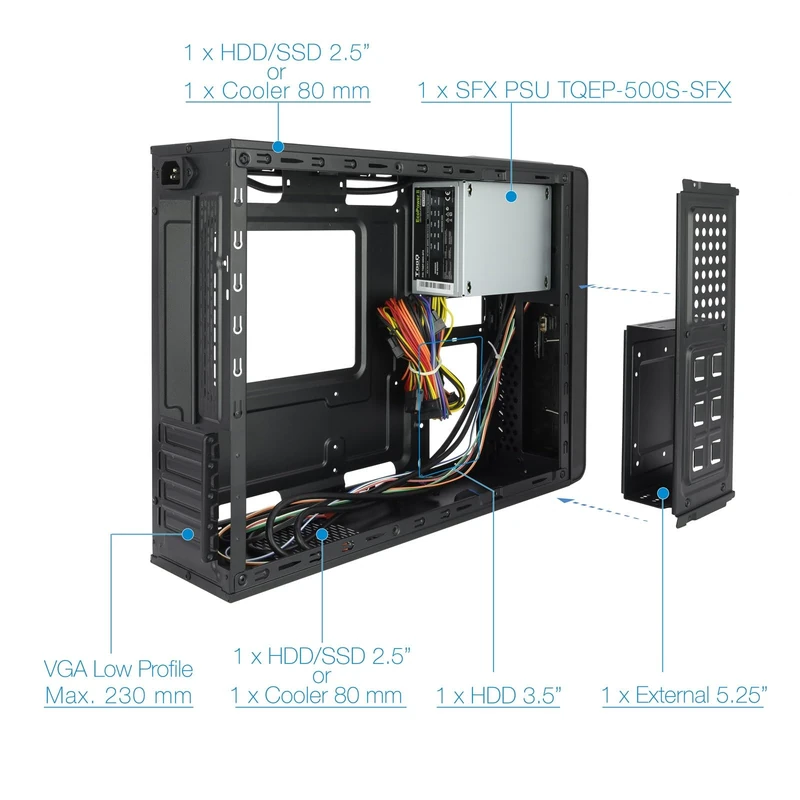 Slim MATX box with 500W source, USB 3.0 ports and compact design, ideal for low consumption PCs and tight spaces.