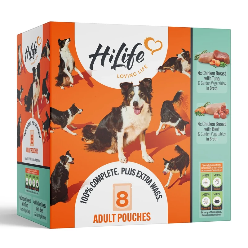 HiLife Adult Wet Dog Food, Mixed Chicken in Broth Selection, Complete Dog Food Pouches, Grain Free & 100% Natural ingredients, Chicken with Tuna & Beef (24 x 150g Pouches)