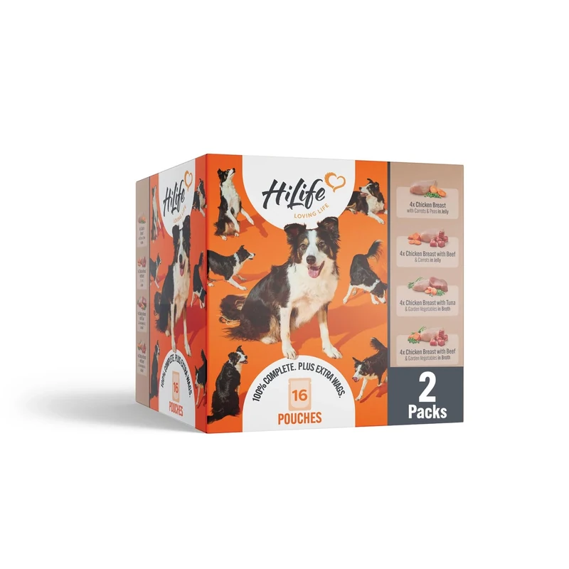 HiLife Adult Wet Dog Food, Mixed Chicken Recipes in Broth and In Jelly Selection, Complete Dog Food Pouches, Grain Free & 100% Natural ingredients, Chicken with Tuna, Beef, & Veg (32 x 150g Pouches)