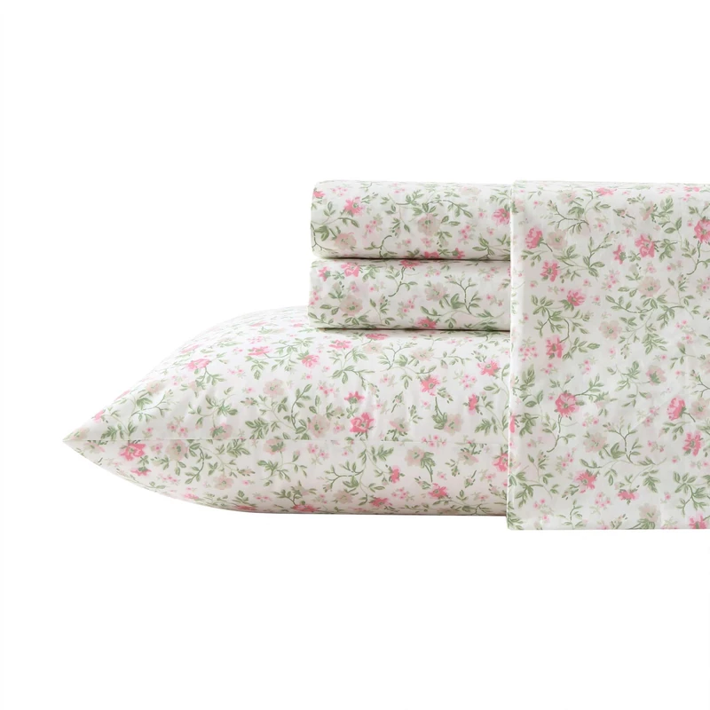 Laura Ashley - Twin XL Sheet Set, Super Soft Cotton Percale Bedding Set with Matching Sham, Oeko-Tex Certified (Bonnie Pink, Twin XL)