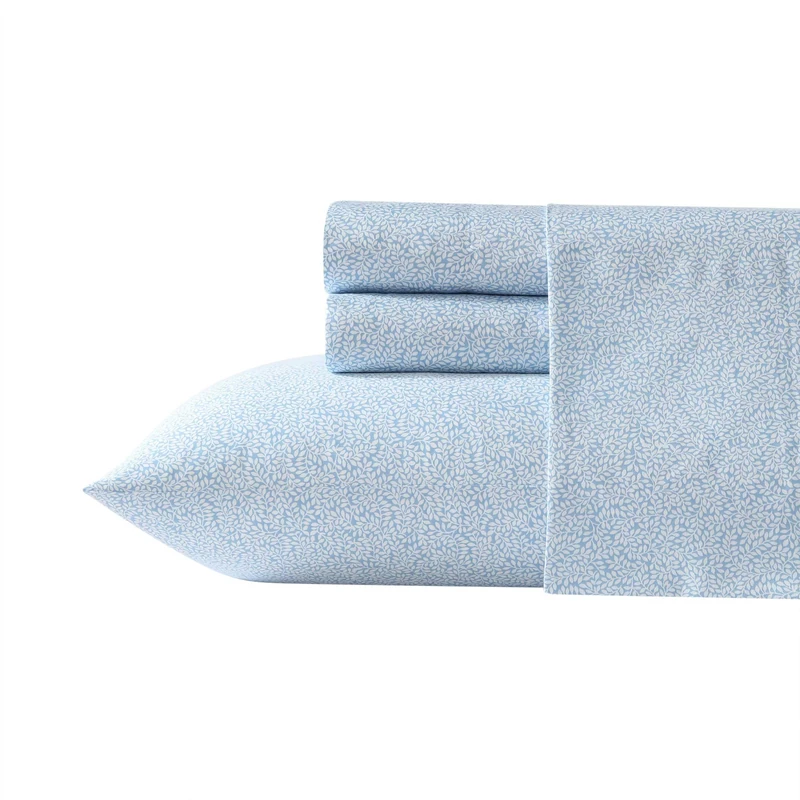 Laura Ashley - King Sheet Set, Super Soft Cotton Sateen Bedding Set with Matching Shams, Oeko-Tex Certified (Little Vines Blue, King)