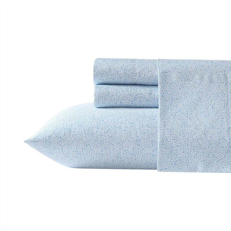 Laura Ashley - Queen Sheet Set, Super Soft Cotton Sateen Bedding Set with Matching Shams, Oeko-Tex Certified (Little Vines Blue, Queen)