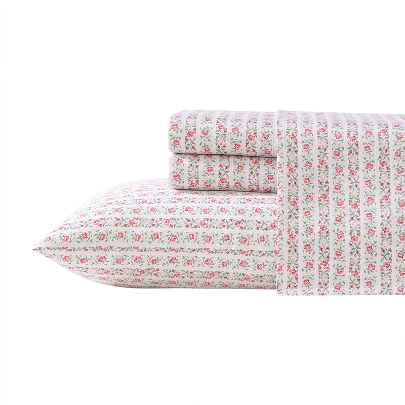 Laura Ashley - Queen Sheet Set, Super Soft Cotton Sateen Bedding Set with Matching Shams, Oeko-Tex Certified (Marta Stripe Pink, Queen)