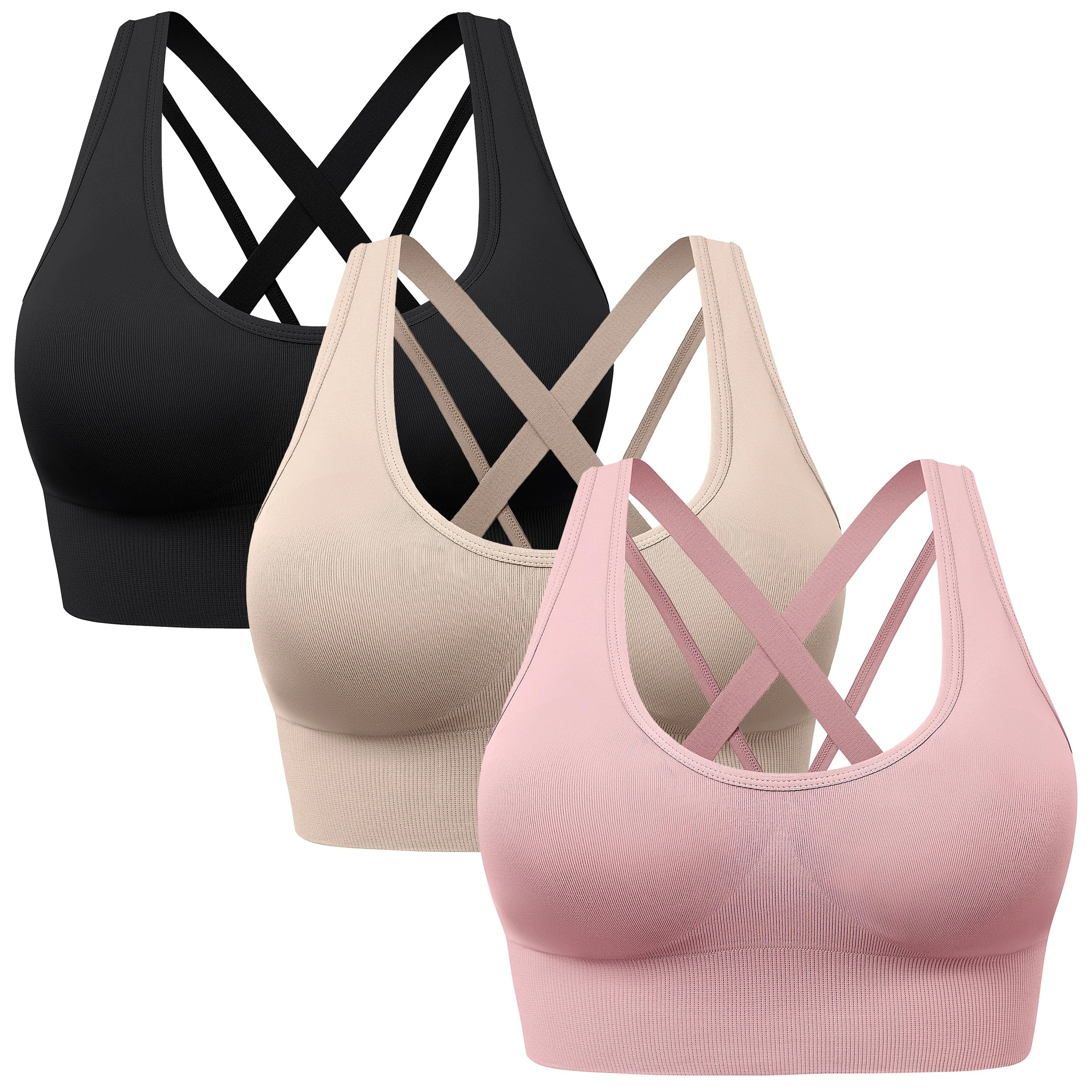 HBselect 3 Pack Comfort Strappy Sports Bras for Women UK with Removable Pads, Wireless Seamless Plus Size Sleep Bras for Girls in Yoga Bralette Running Leisure Crop Gym Stretch Tops Vest