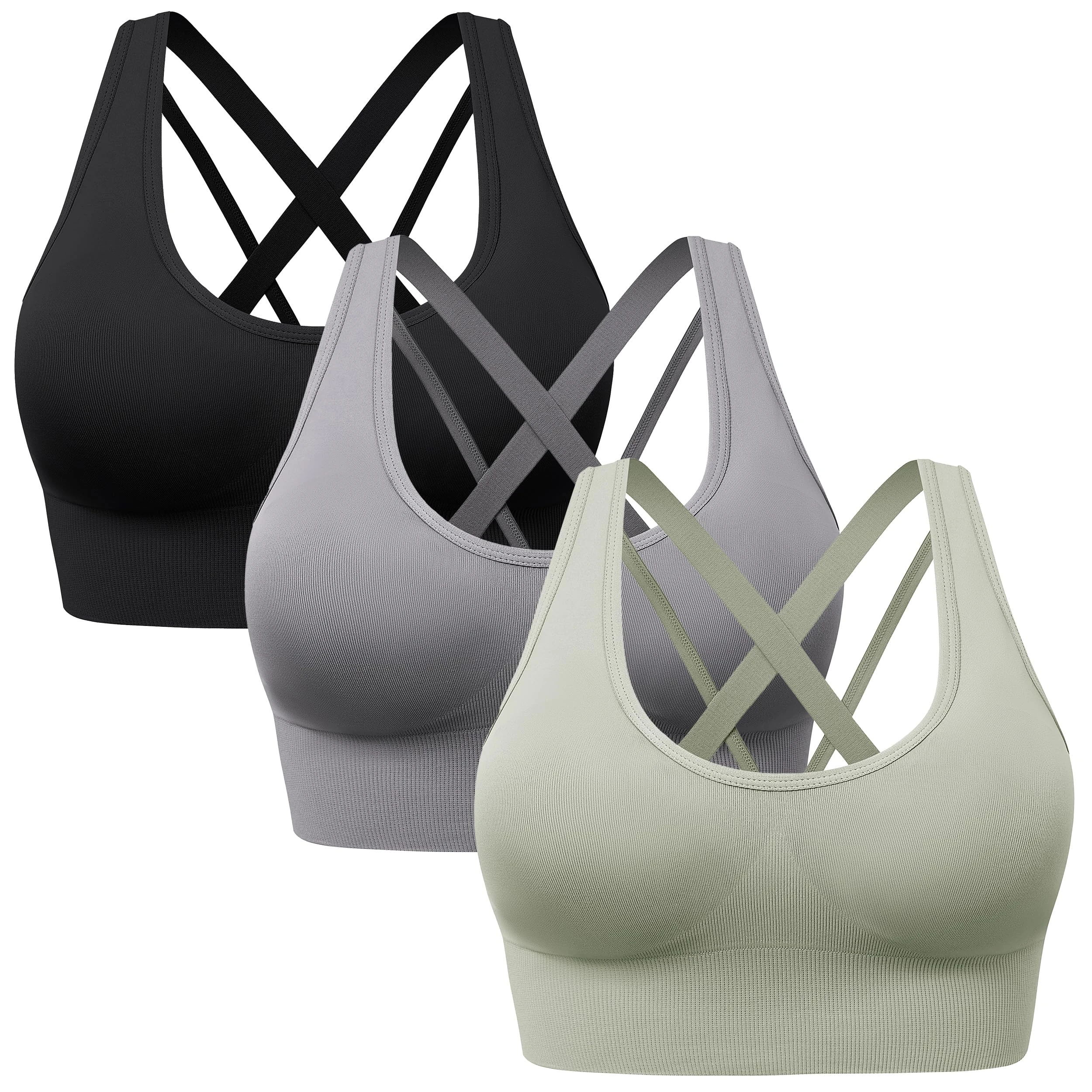HBselect 3 Pack Comfort Strappy Sports Bras for Women UK with Removable Pads, Wireless Seamless Plus Size Sleep Bras for Girls in Yoga Bralette Running Leisure Crop Gym Stretch Tops Vest