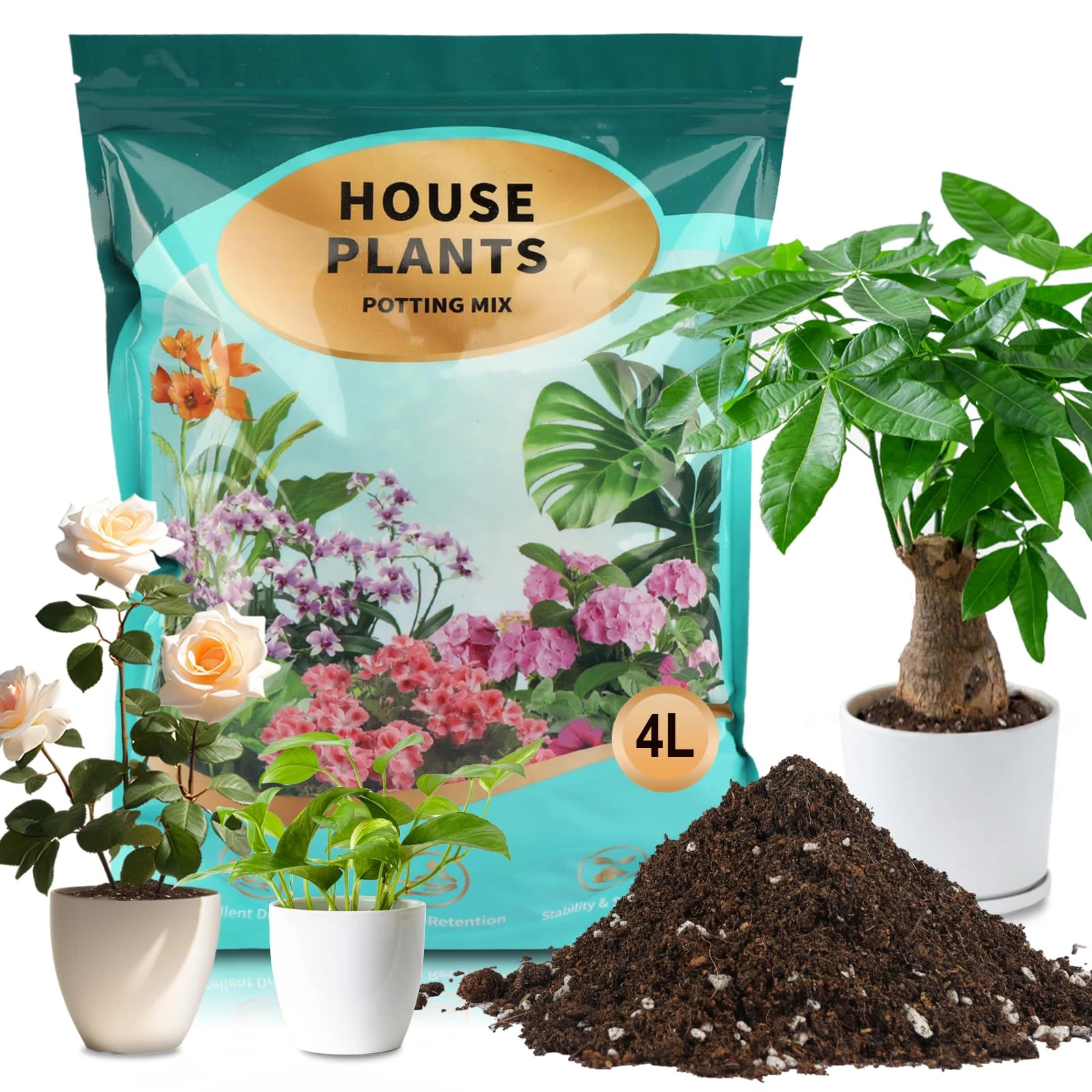GOTVUGE Potting Soil Mix for House Plants, Organic Houseplant Soil Well Draining Dirt Ready to Use, Fit For House Plant Like Pothos, Philodendron, Monstera, African Violet (4L)