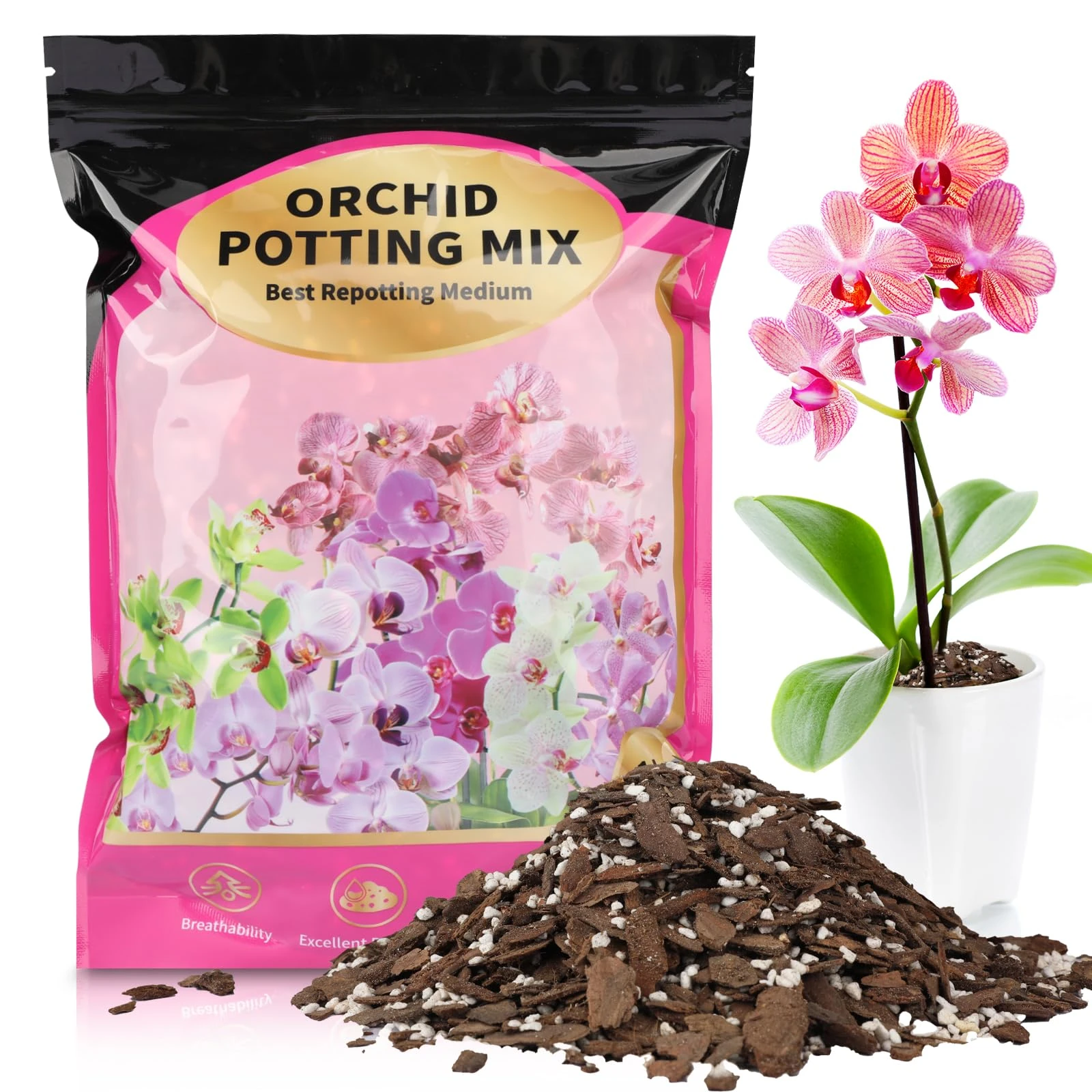 GOTVUGE Orchid Potting Mix 10L，Orchid Soil Composed of Orchid Bark and Perlite，Premium Orchid Medium for Potting, Repotting, Enhanced Drainage, Air Flow & Root Ventilation