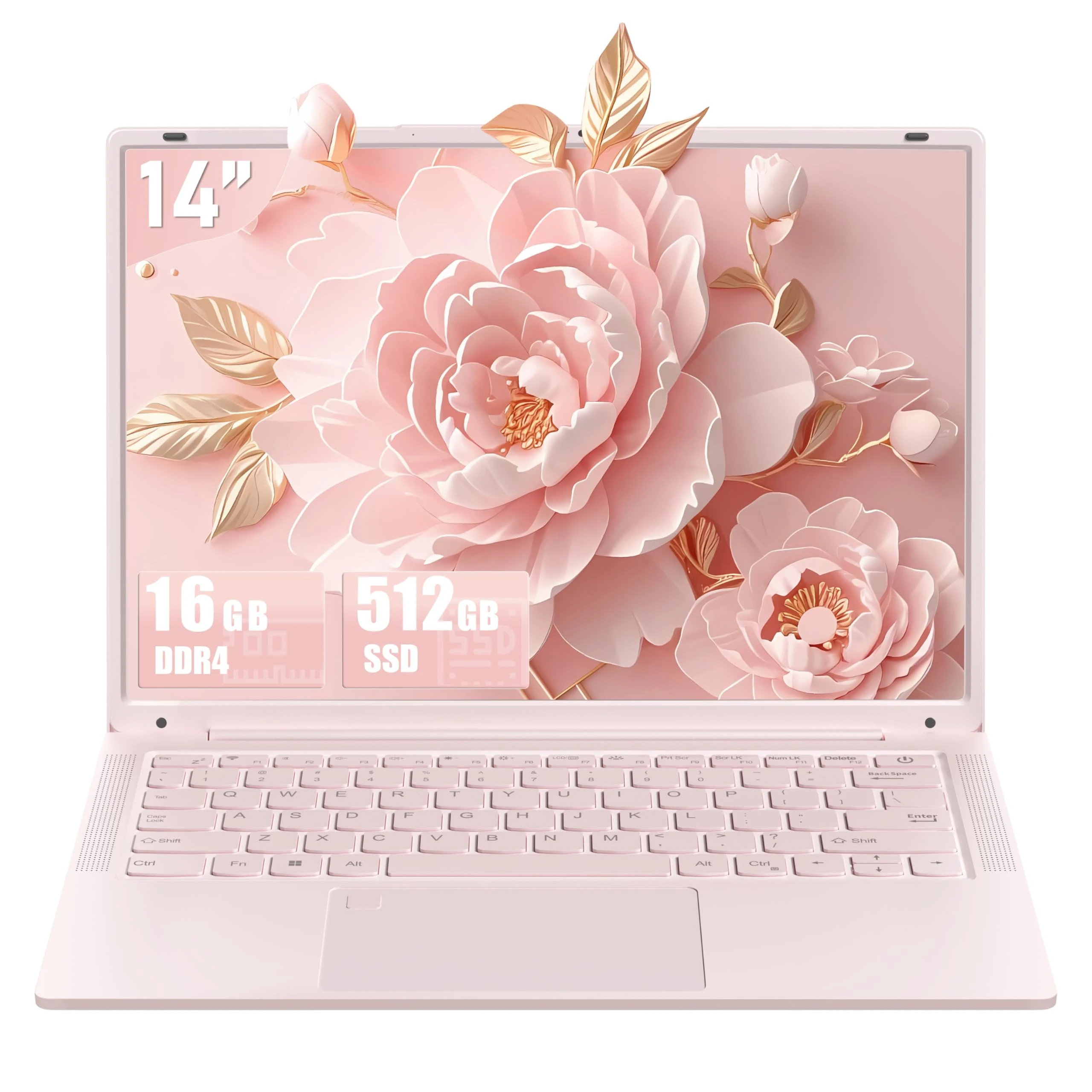 Fsjun 14.1'' Pink Laptop Computer, N150 CPU (Up to 3.6 Ghz), 16G RAM, 512GB SSD, 2K UHD (2160 * 1440) IPS Display, Webcam, WiFi, Backlit KB, 6000MAh Battery, Portable Notebook for Student