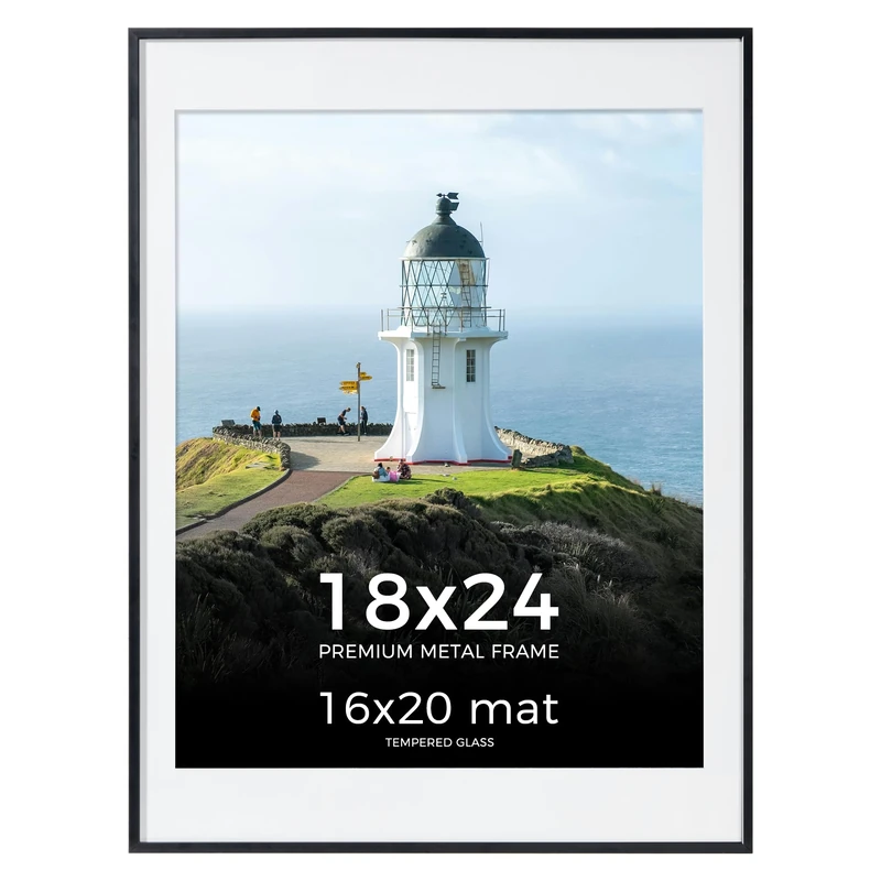 Axeman 18x24 Black Picture Frame, High-End Aluminum 18 by 24 Frame with Mat for 16x20, Metal Black 18 x 24 Photo Frame for Wall, Tempered Glass and Wall Hook Included, Set of 1