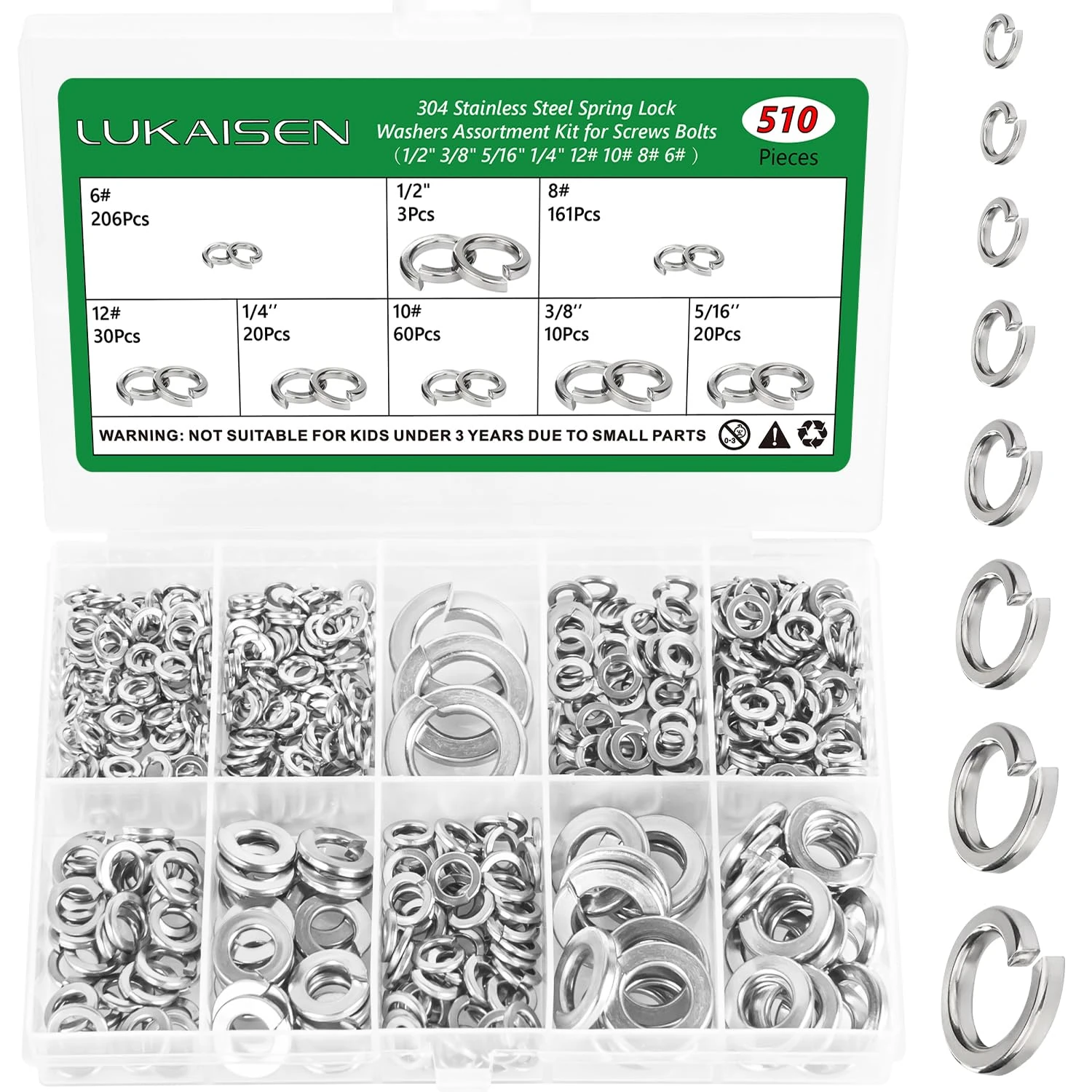 510Pcs Spring Lock Washers Assortment Kit, Split Lock Washers for Screws Bolts, 304 Stainless Steel 8 Sizes-6# 8# 10# 12# 1/4" 5/16" 3/8" 1/2" for Home, Factories, Kitchens, Shops