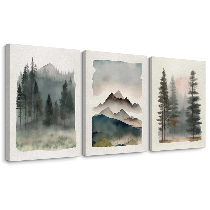 Mountain Forest Wall Art Decor Watercolor Landscape Canvas Pictures Natural Abstract Wall Art Painting Tree Forest Poster Prints Modern Artwork for Living Room Bedroom 24x36x3 Inch Wrapped Canvas